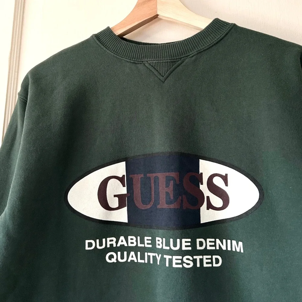 Vintage Guess Logo Cotton Fleece Crewneck Pullover Sweatshirt Green Boys L Retro